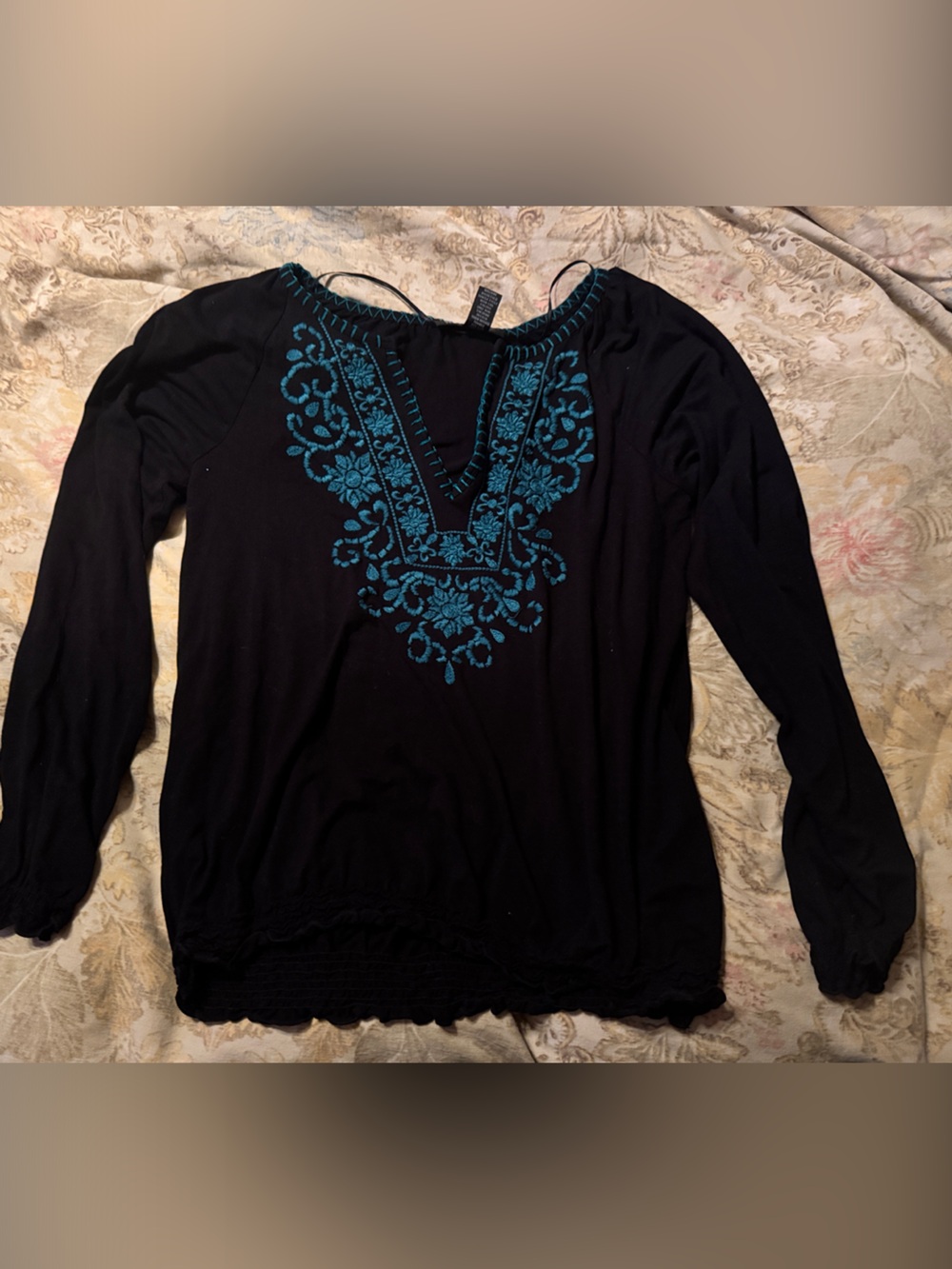 INC International Concepts Black Long Sleeve Tunic with Teal Embroidery